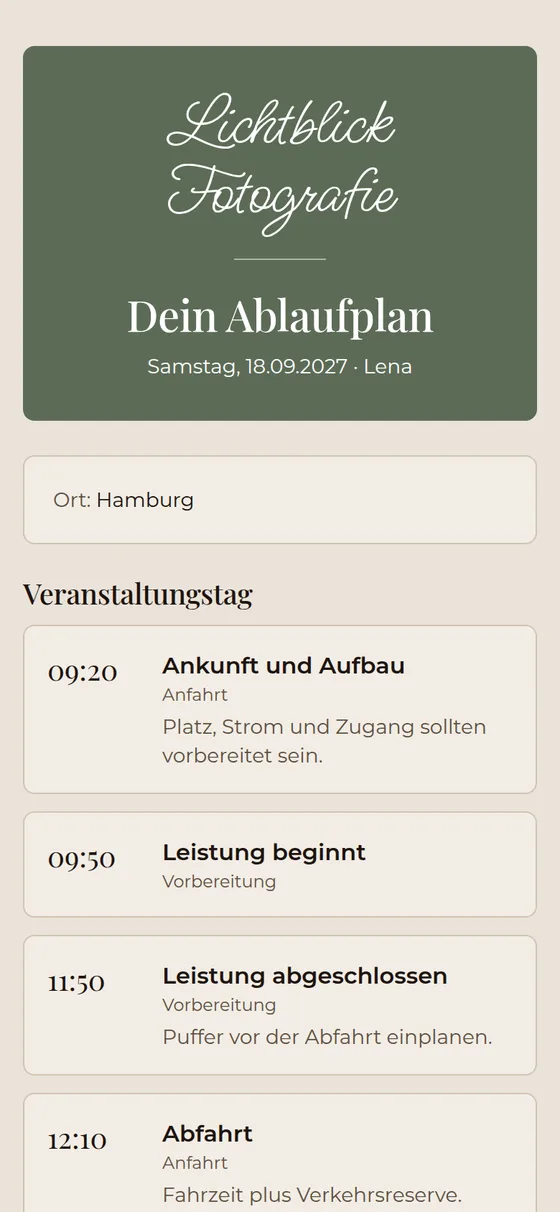 Ablaufplan für den Tag mit Uhrzeiten
