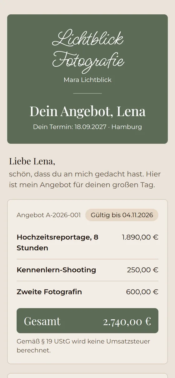 So sehen deine Kunden das Angebot auf dem Handy: Logo, Positionen, Summe und Annehmen-Knopf